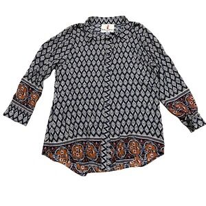 Boho Jane Christiana Women's Lg Navy White Orange Print Button Up Shirt Indie